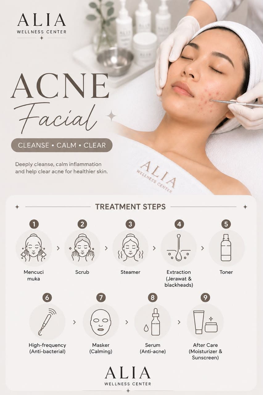 Acne Facial — treatment steps including extraction, high-frequency, calming mask, and anti-acne serum