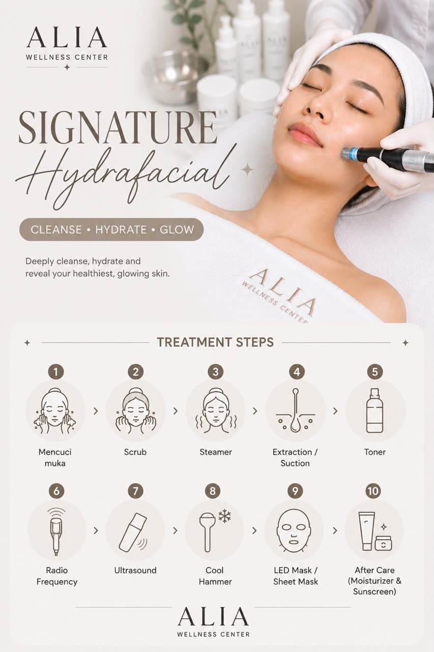 Signature HydraFacial — treatment steps including radio frequency, ultrasound, cool hammer, and LED mask